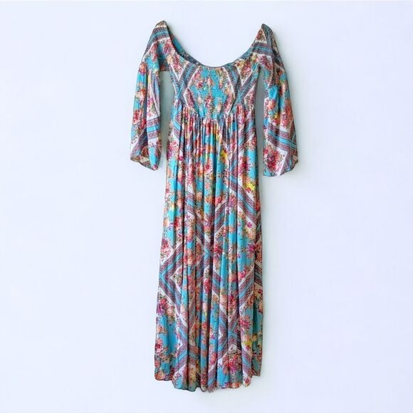 Torrid Off Shouler‎ Women's Turquoise Scarf Print Challis Smocked Maxi Dress 0X - Picture 4 of 12